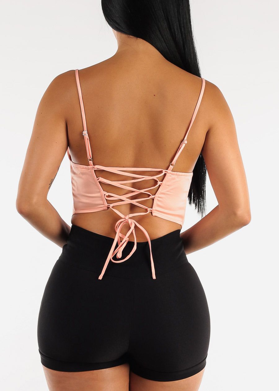 Satin Cowl Neck Lace Up Back Crop Top Peach sold by Moda product image thumbnail 4