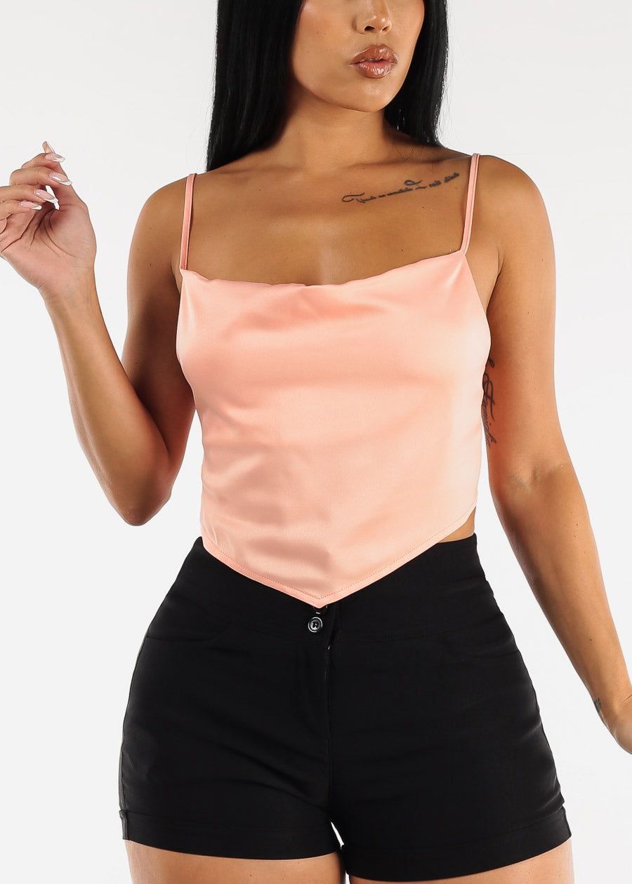 Satin Cowl Neck Lace Up Back Crop Top Peach sold by Moda