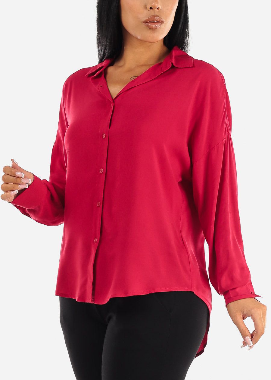 Oversized Long Sleeve Button Down Shirt Red sold by Moda