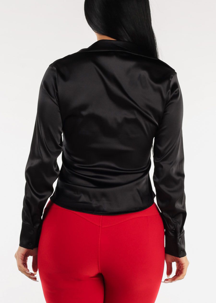 Black Satin Long Sleeve Ruched Button Up Shirt sold by Moda product image thumbnail 4