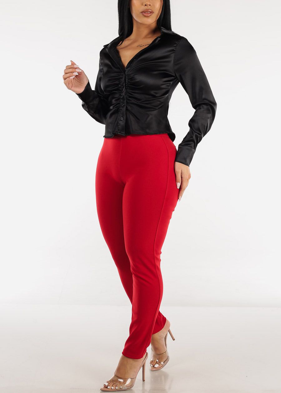 Black Satin Long Sleeve Ruched Button Up Shirt sold by Moda product image thumbnail 2