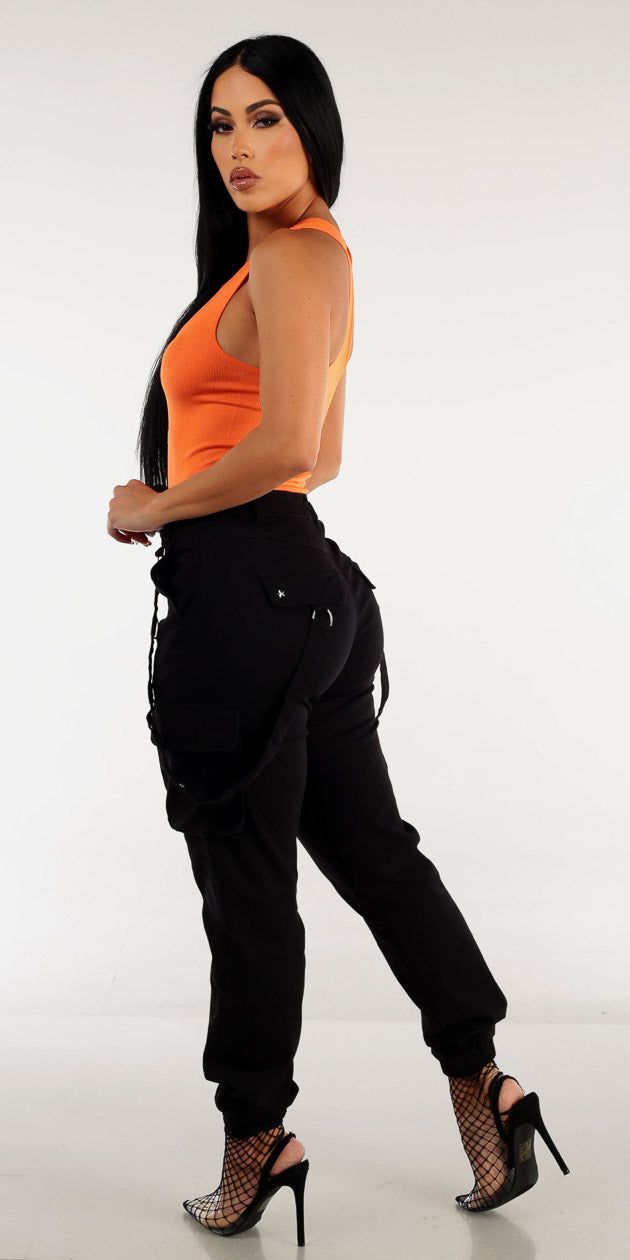 High Waisted Black Jogger Pants with Orange Seamless Racerback Tank Top sold by Moda product image thumbnail 2