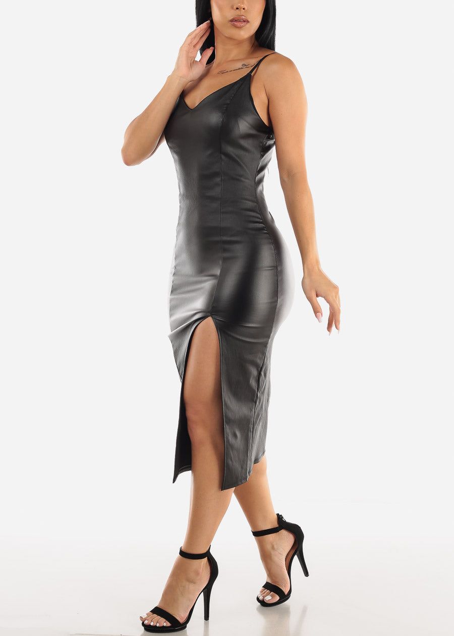 Black Sleeveless Faux Leather Bodycon Midi Dress w Slit sold by Moda