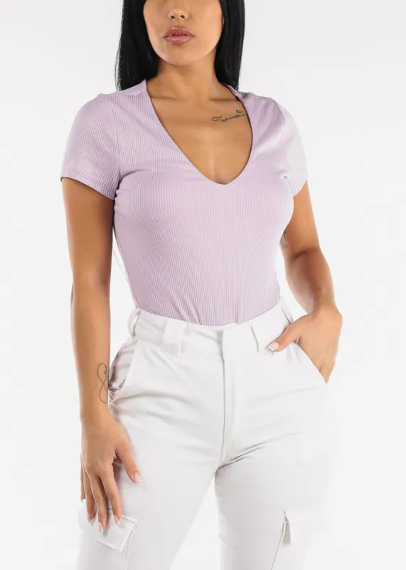 Short Sleeve Vneck Ribbed Bodysuit Light Purple sold by Moda