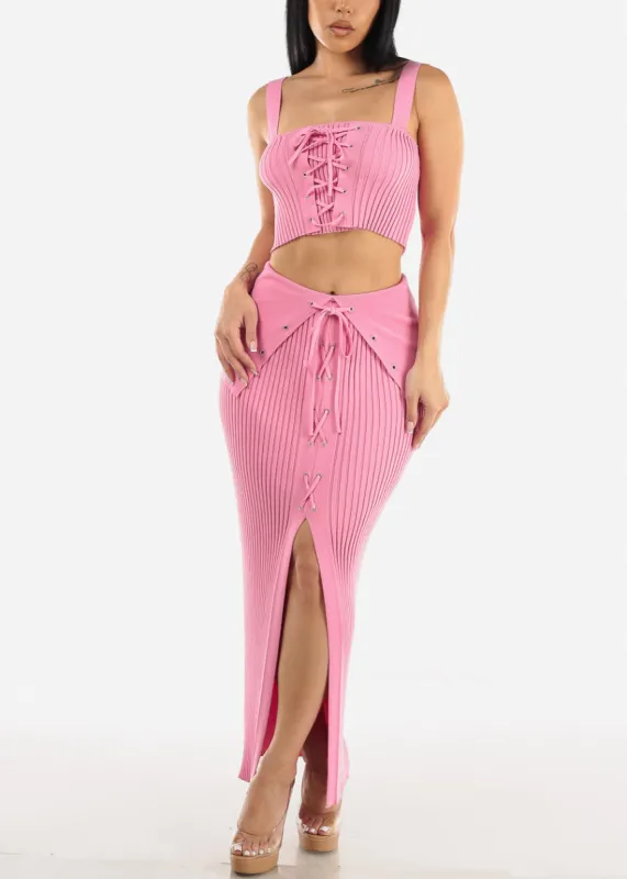 Rib Knit Crop Top & Maxi Skirt Pink (2 PCE SET) sold by Moda