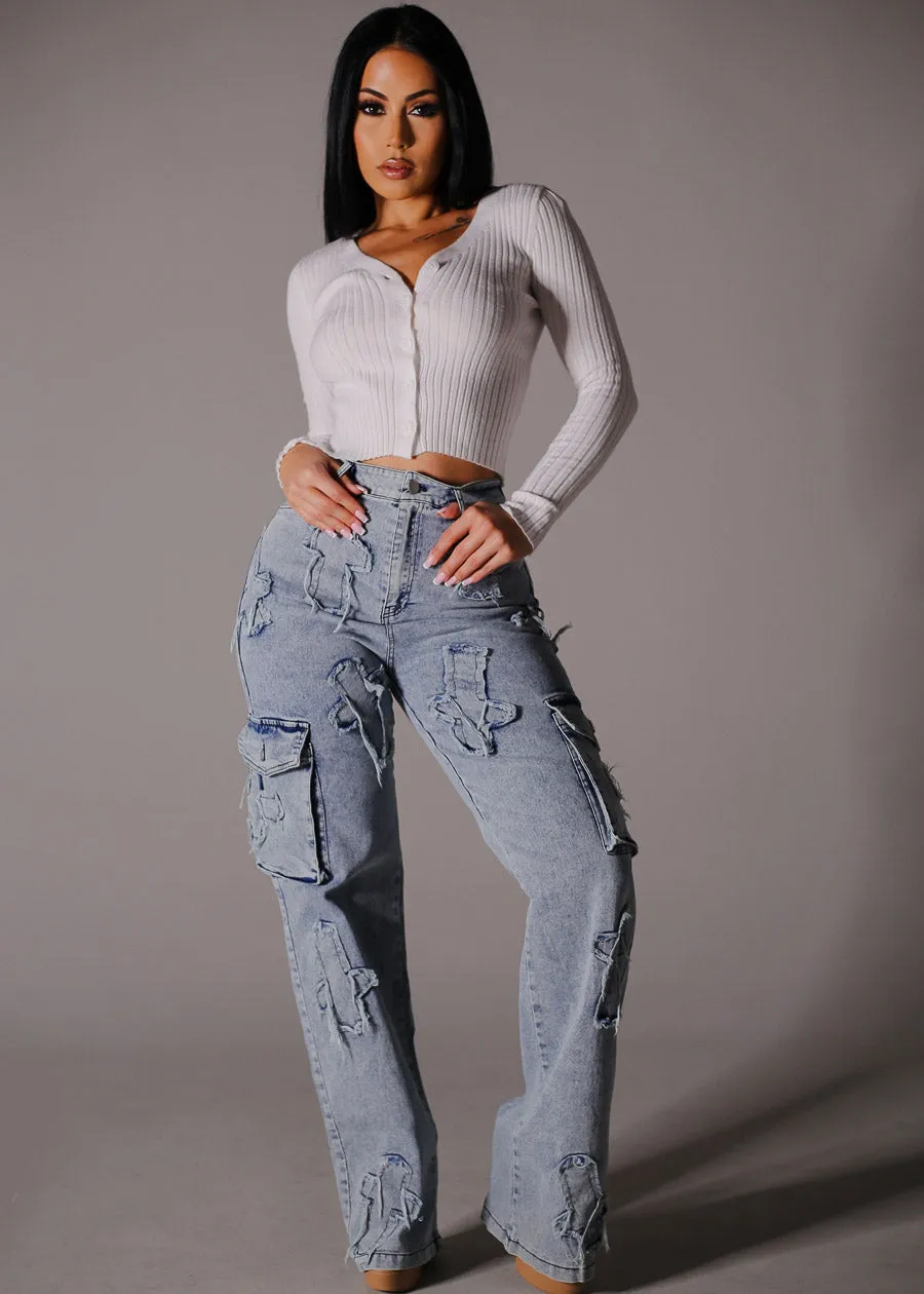 High Waist Straight Wide Leg Cargo Jeans w Cross Patch sold by Moda product image thumbnail 2