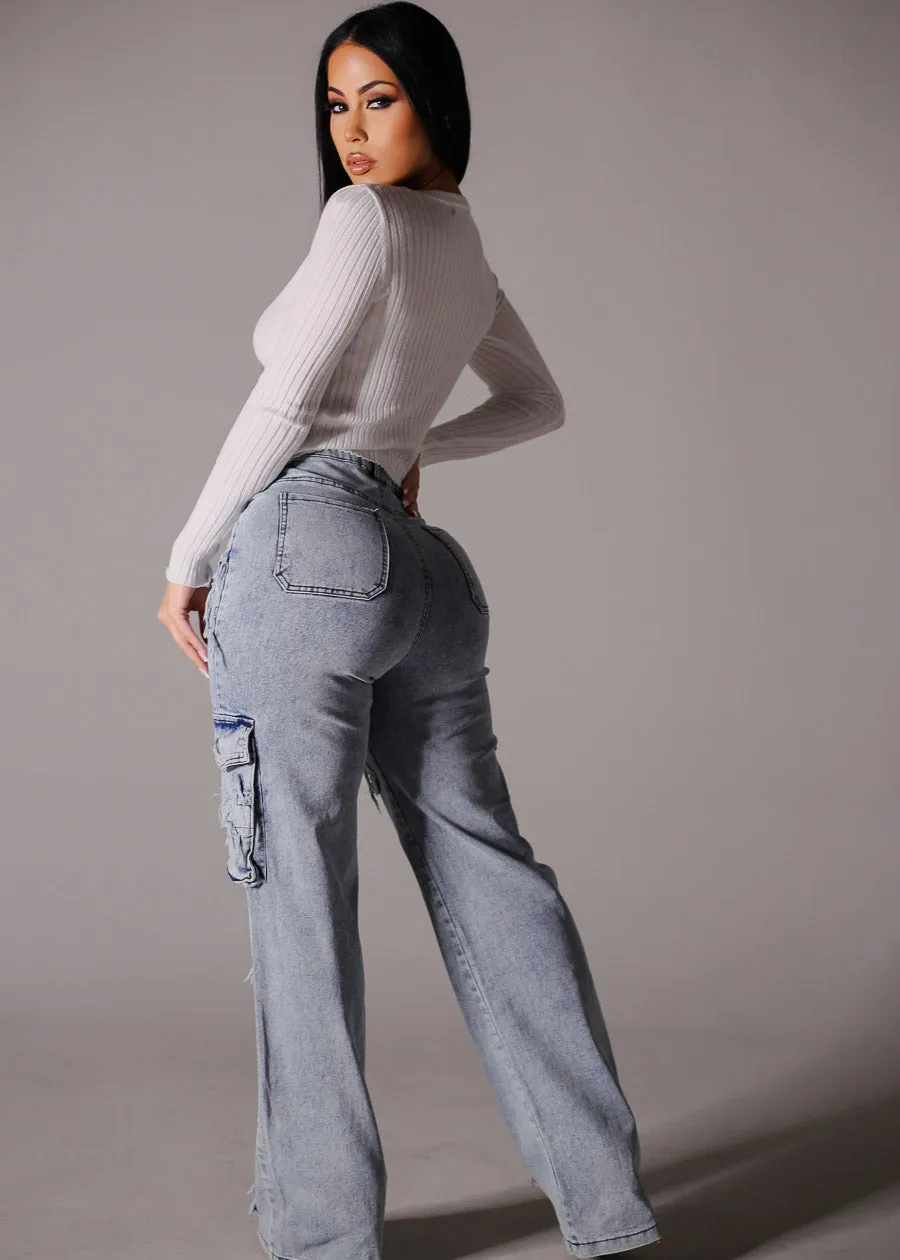 High Waist Straight Wide Leg Cargo Jeans w Cross Patch sold by Moda product image thumbnail 3