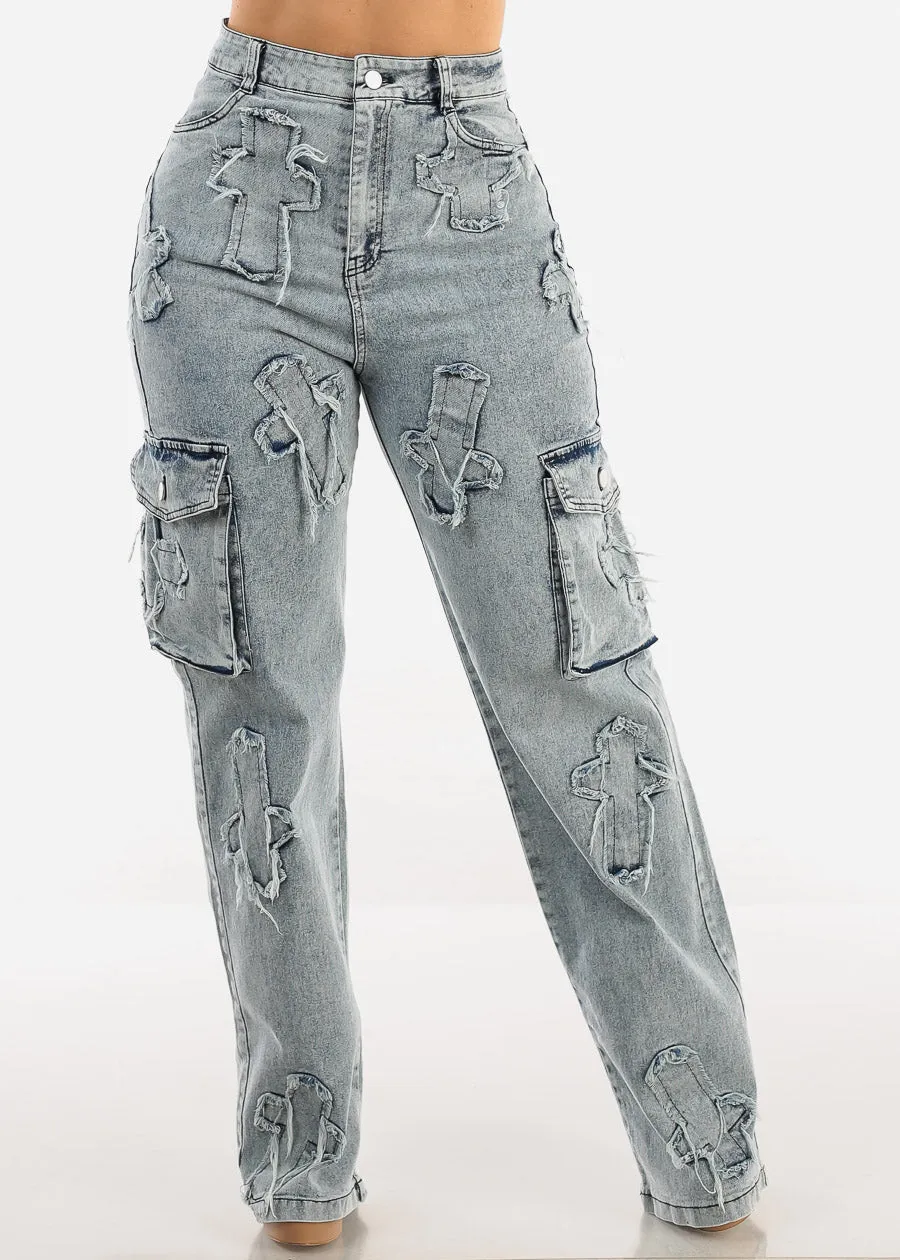 High Waist Straight Wide Leg Cargo Jeans w Cross Patch sold by Moda