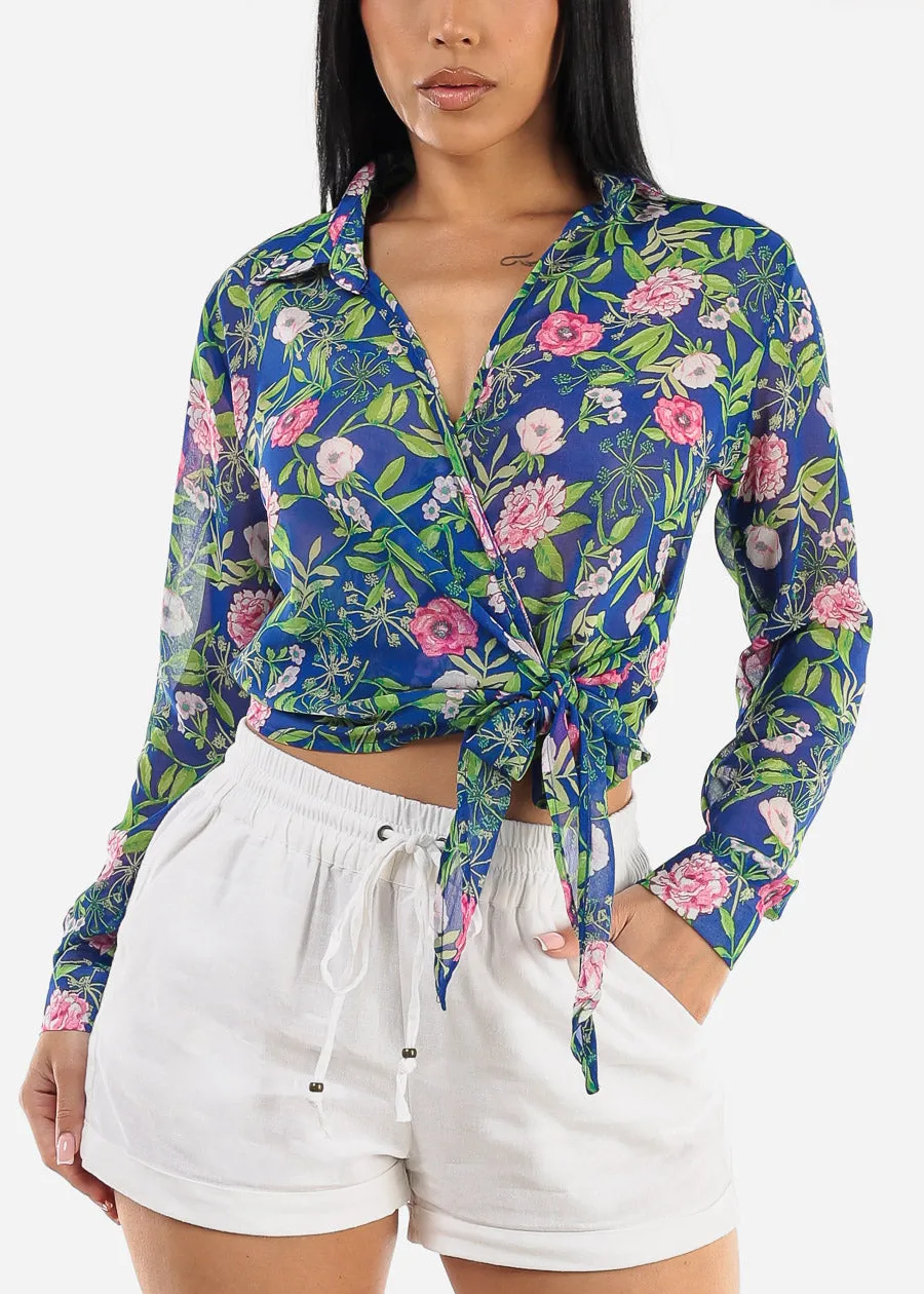 Long Sleeve Surplice Floral Blouse Blue sold by Moda