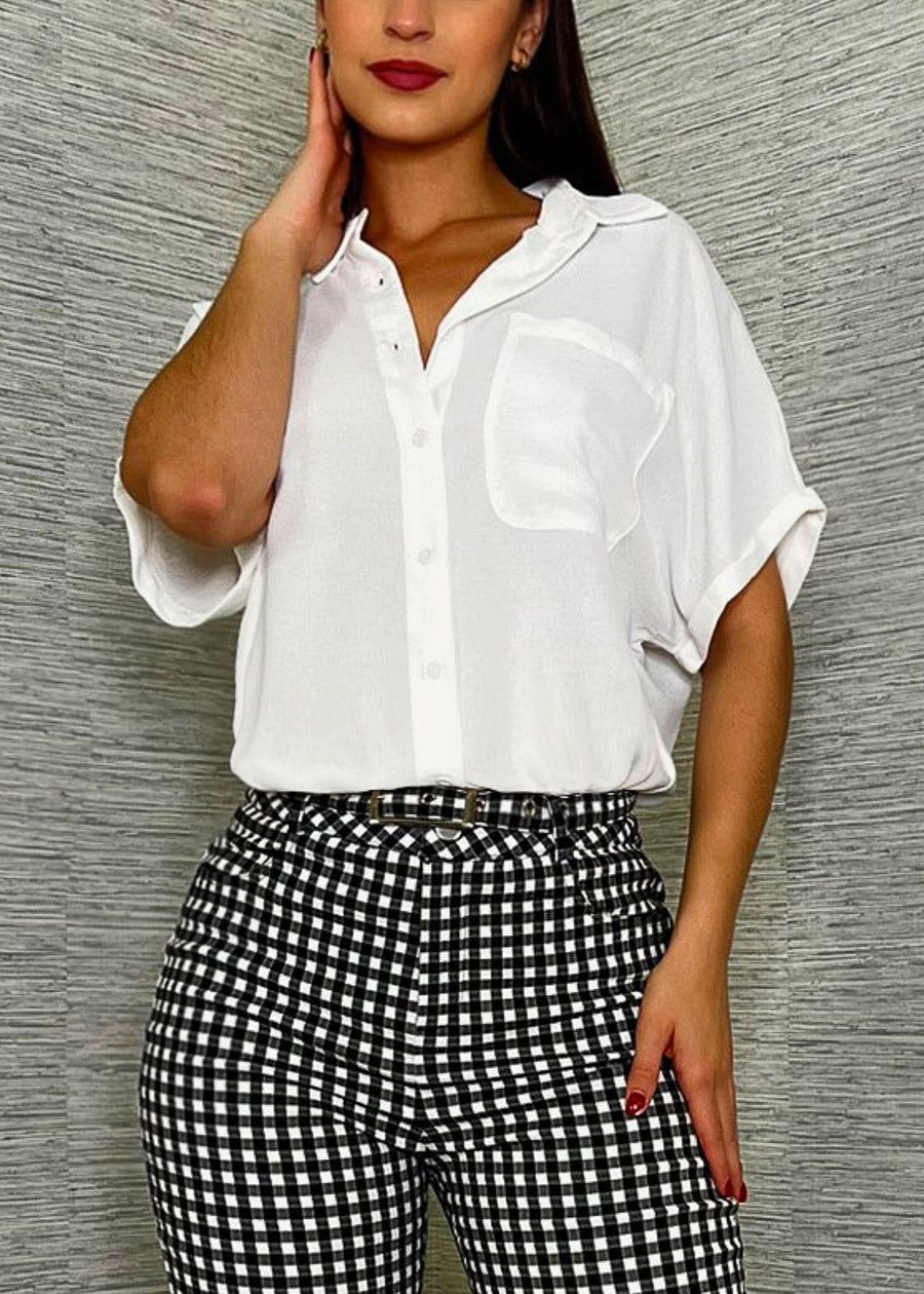 White Short Sleeve Relaxed Fit Button Up Shirt sold by Moda