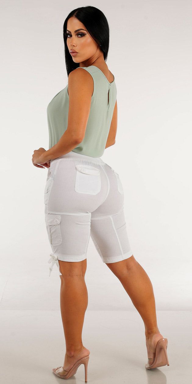 Drawstring Waist White Cargo Bermuda Shorts with Sleeveless Sage Pleated Blouse sold by Moda product image thumbnail 2