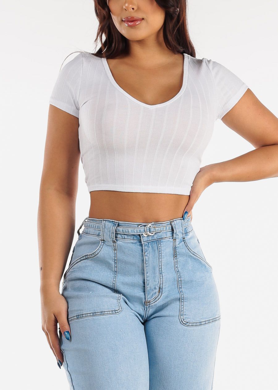 Short Sleeve White Vneck Crop Top sold by Moda