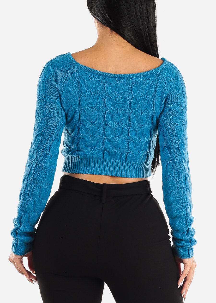 Cropped Cable Knit Boat Neck Sweater Blue sold by Moda product image thumbnail 4