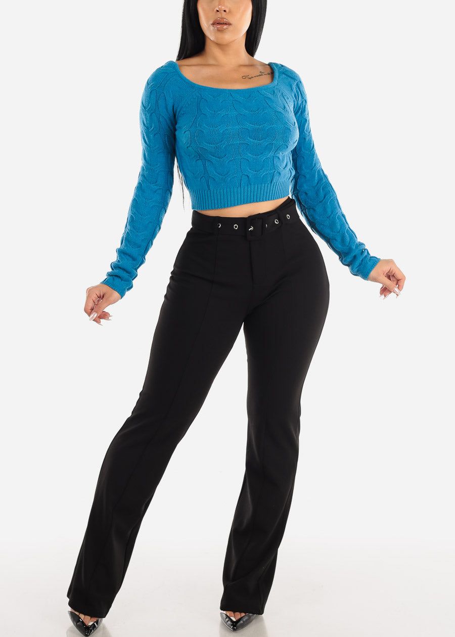 Cropped Cable Knit Boat Neck Sweater Blue sold by Moda product image thumbnail 2