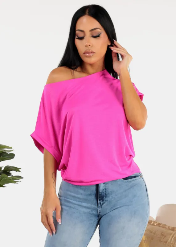 Boat Neckline Short Cap Sleeve Blouse Hot Pink sold by Moda