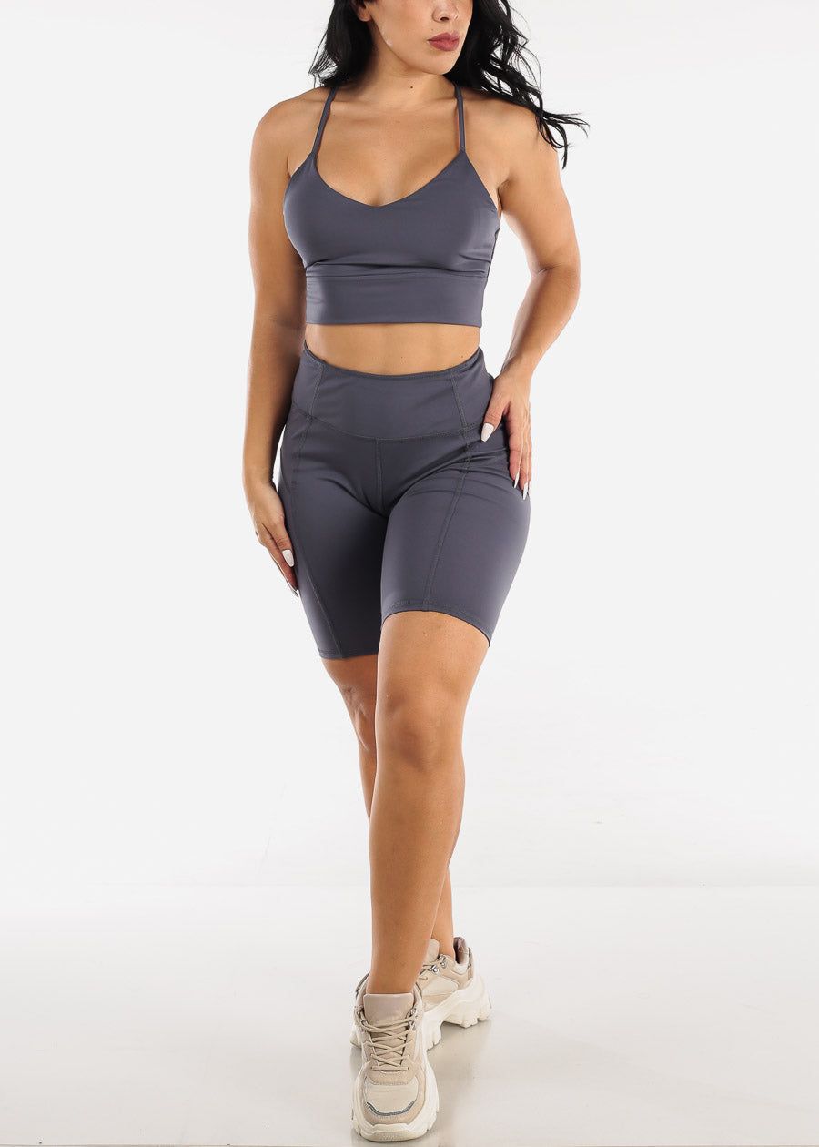 Activewear Strappy Sports Bra & Biker Shorts Charcoal (2 PCE SET) sold by Moda product image thumbnail 3