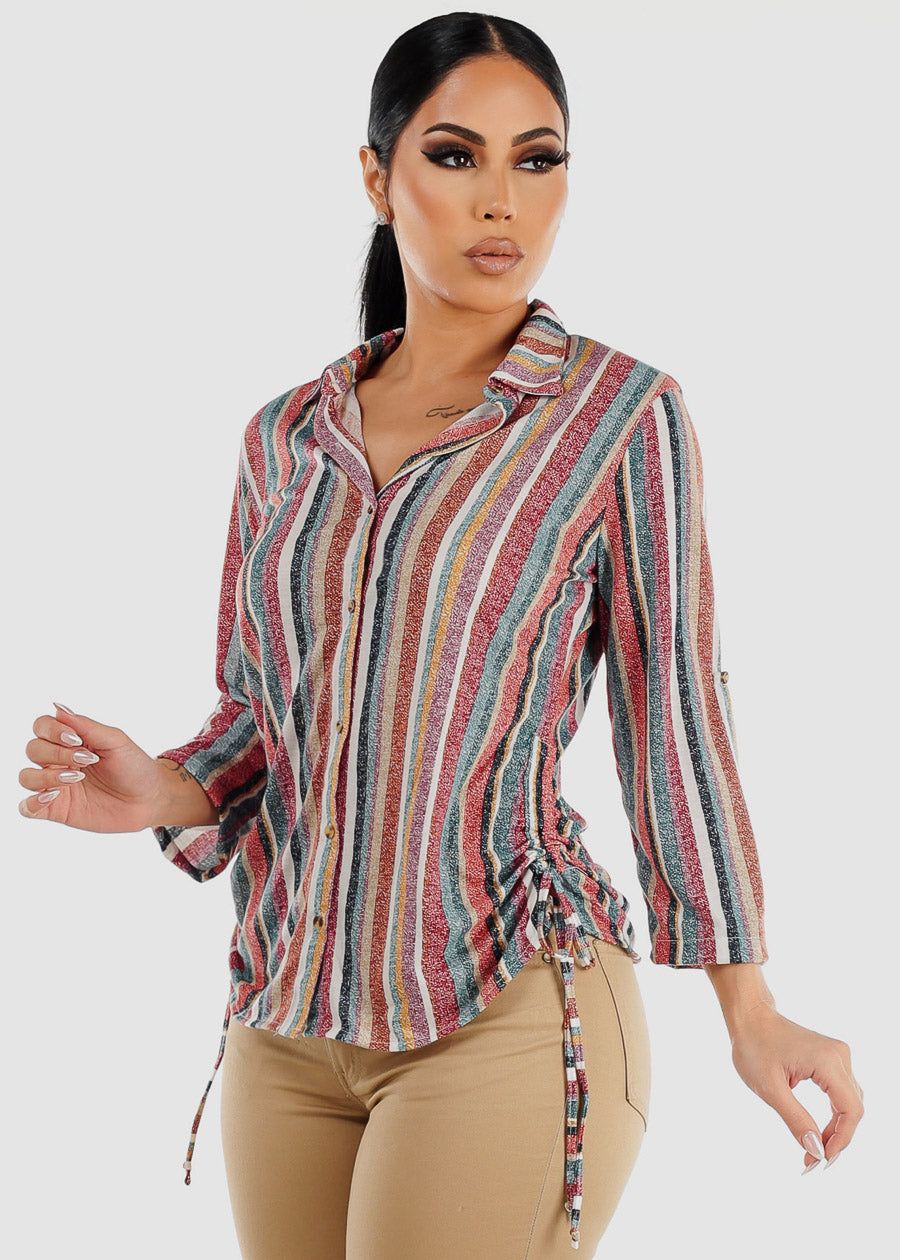 Button Up Stripe Blouse w Adjustable Drawstrings sold by Moda