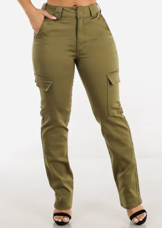 High Waisted Straight Cargo Pants Olive sold by Moda