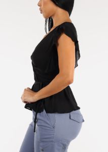 Black Short Sleeve Surplice Peplum Blouse sold by Moda