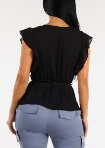 Black Short Sleeve Surplice Peplum Blouse sold by Moda