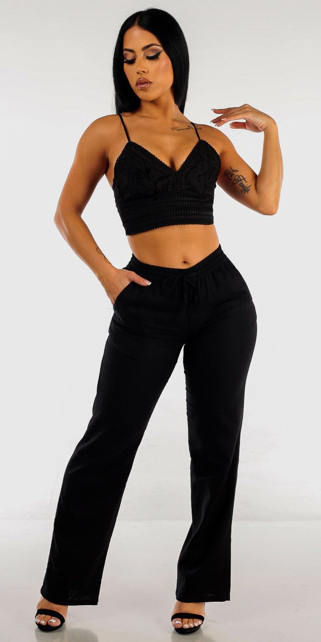 Black Wide Legged Linen Pants with Black Sleeveless Crochet Crop Top sold by Moda
