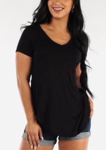 Black Short Sleeve Round Hem Relax Fit Tunic Top sold by Moda