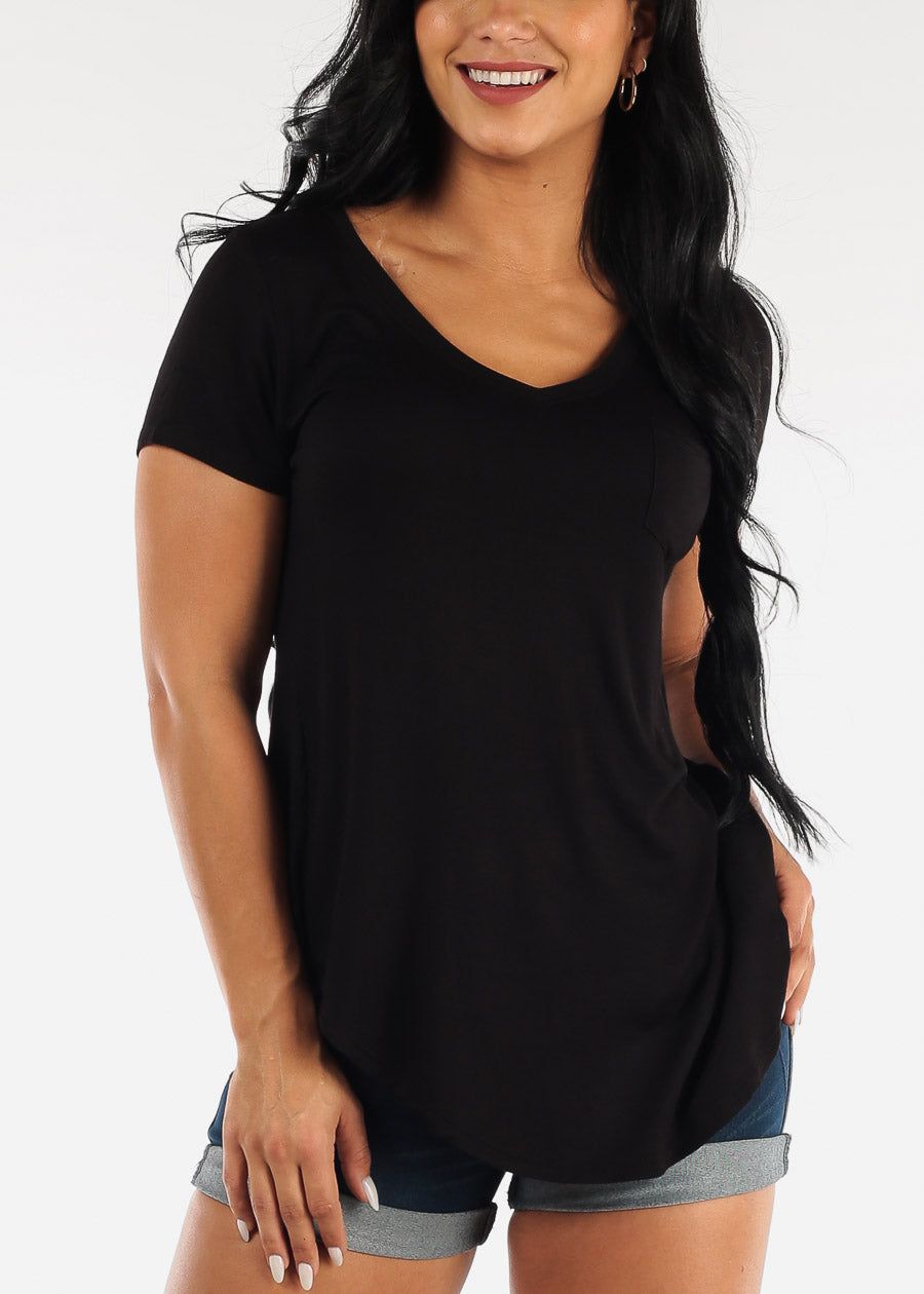 Black Short Sleeve Round Hem Relax Fit Tunic Top sold by Moda