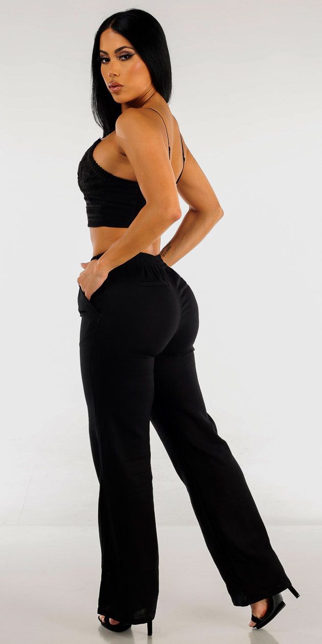 Black Wide Legged Linen Pants with Black Sleeveless Crochet Crop Top sold by Moda product image thumbnail 2
