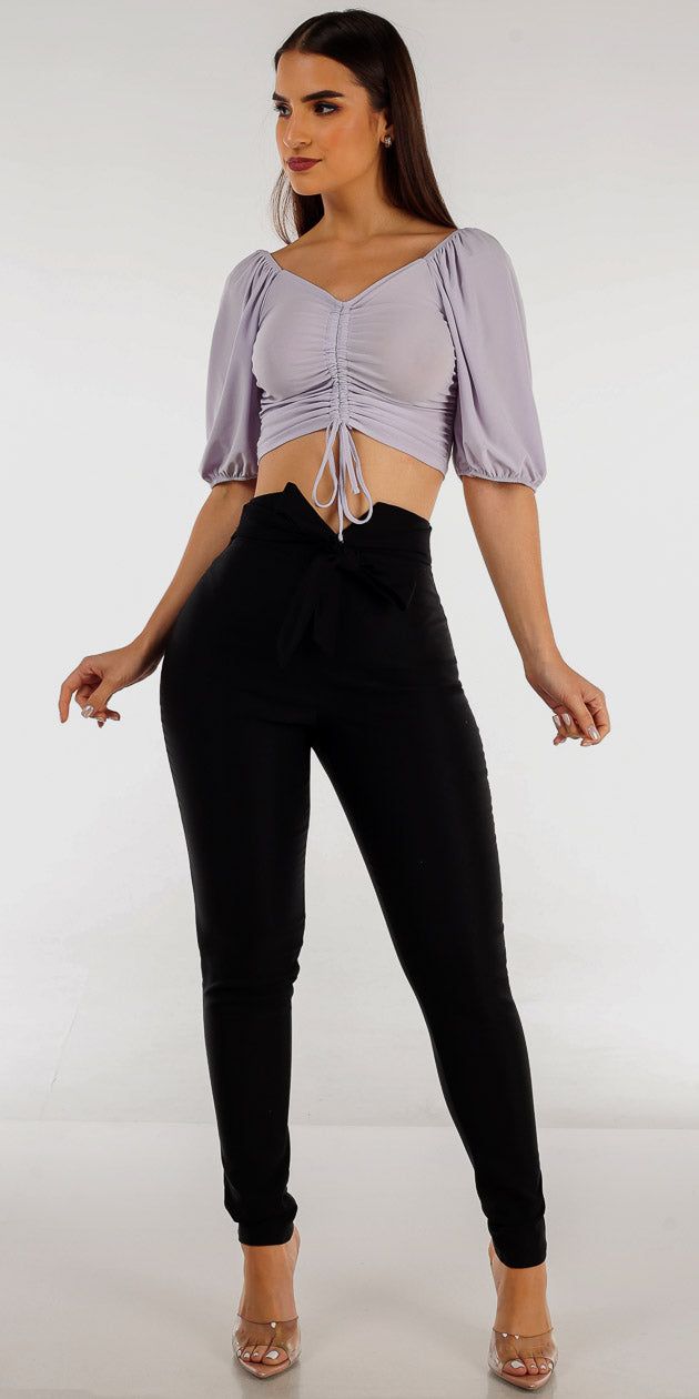 High Waist Tied Black Dressy Skinny Pants with Vneck Ruched Front Lilac Crop Top sold by Moda