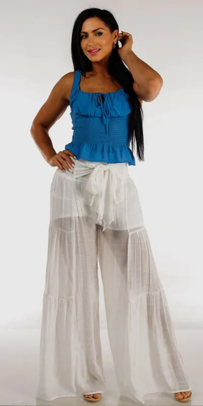 Waist Tie White Wide Flared Pants with Sleeveless Smocked Waist Blue Top sold by Moda