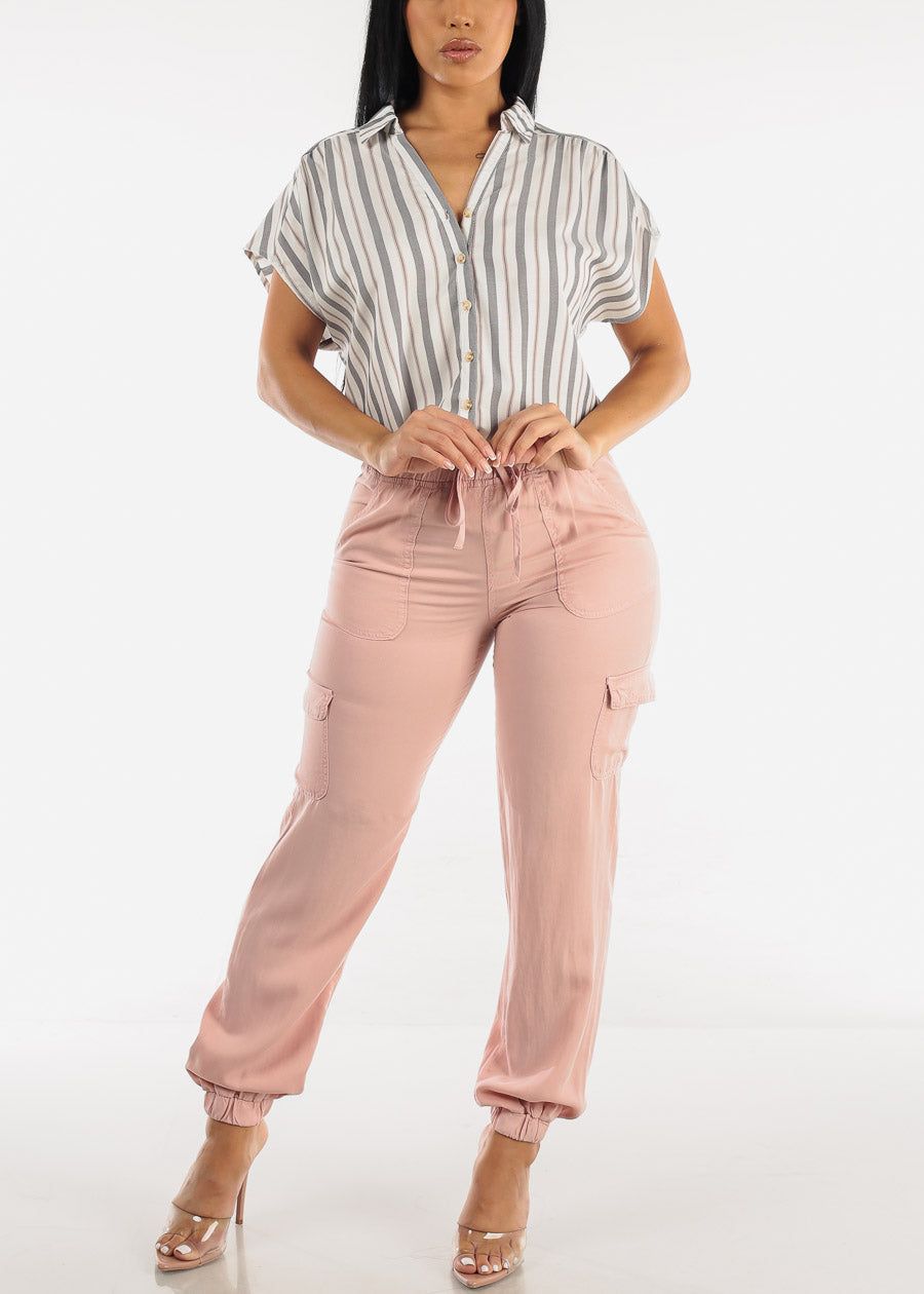 Button Down Cap Sleeve Stripe Tunic Blouse sold by Moda product image thumbnail 2