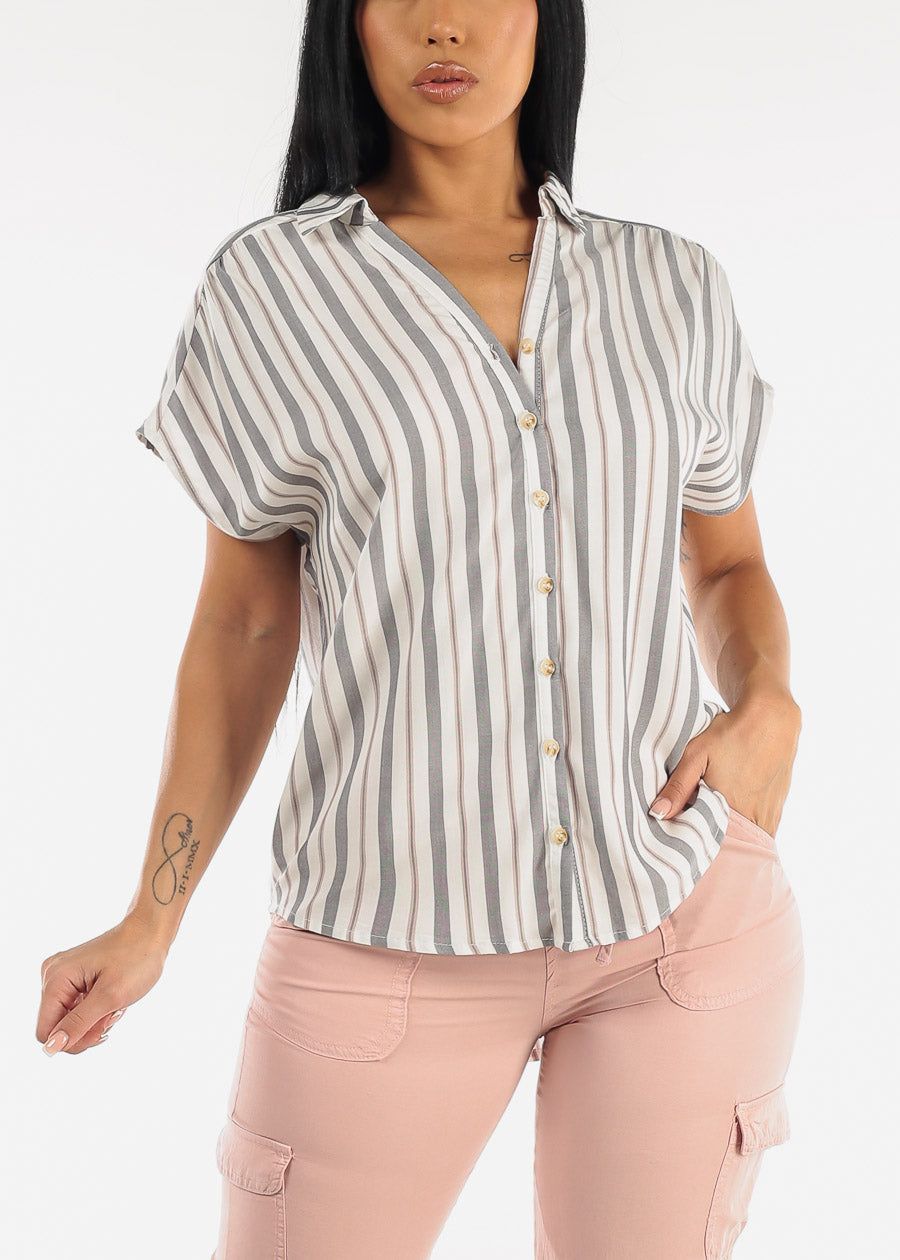 Button Down Cap Sleeve Stripe Tunic Blouse sold by Moda