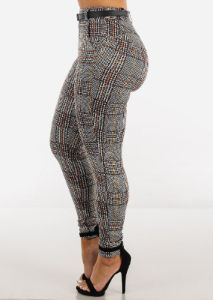 High Waisted Butt Lifting Plaid Skinny Pants w Belt sold by Moda