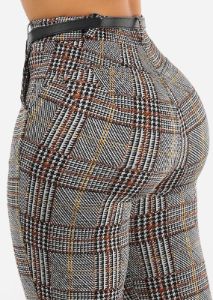 High Waisted Butt Lifting Plaid Skinny Pants w Belt sold by Moda