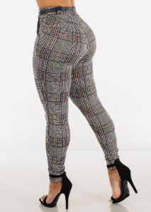 High Waisted Butt Lifting Plaid Skinny Pants w Belt sold by Moda