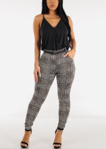 High Waisted Butt Lifting Plaid Skinny Pants w Belt sold by Moda