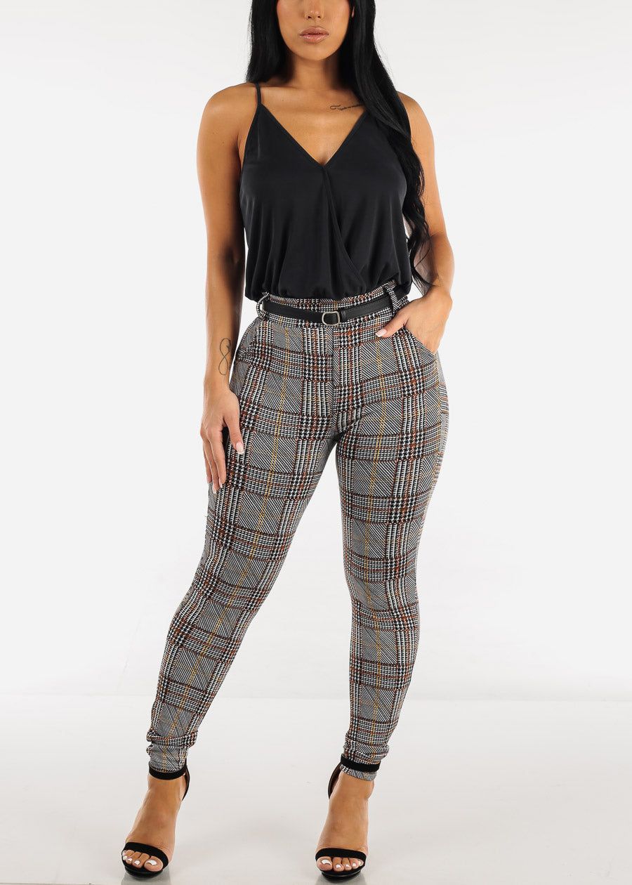 High Waisted Butt Lifting Plaid Skinny Pants w Belt sold by Moda product image thumbnail 2