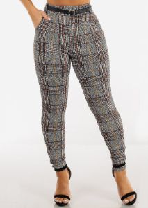 High Waisted Butt Lifting Plaid Skinny Pants w Belt sold by Moda