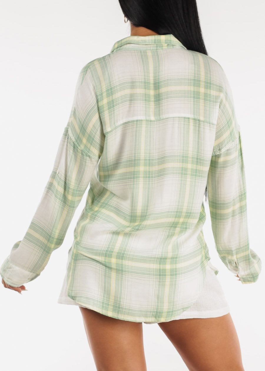 Long Sleeve Button Down Oversized Plaid Shirt Green sold by Moda product image thumbnail 4