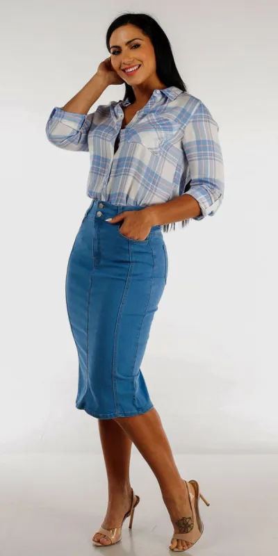High Rise Light Blue Denim Pencil Skirt with Blue Plaid Button Up Shirt sold by Moda
