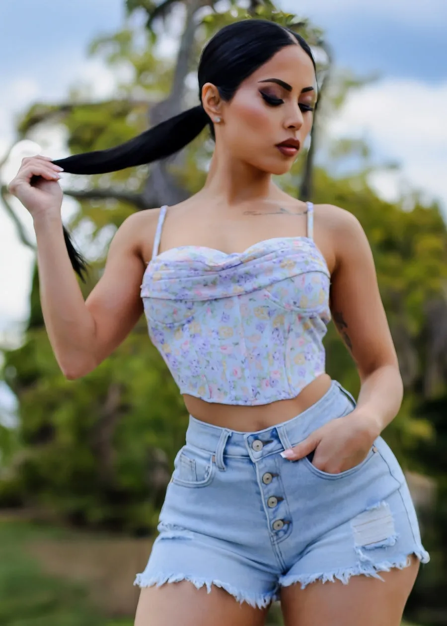 Sweetheart Corset Style Floral Crop Top Blue sold by Moda