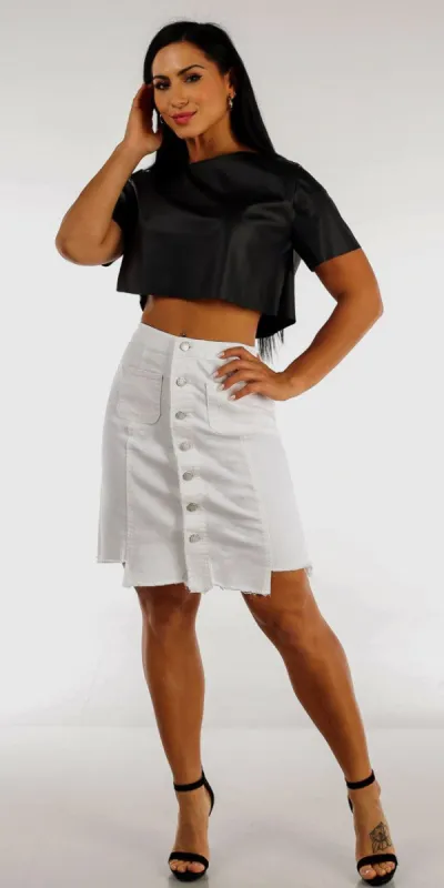 White Button Up Denim Skirt with Short Sleeve Black Pleather Crop Top sold by Moda