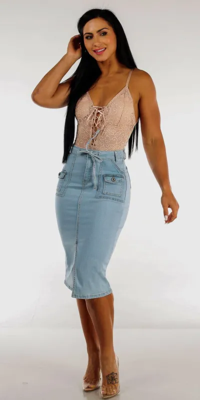 Light Blue Belted Denim Pencil Skirt with Sleeveless Beige Lace Thong Bodysuit sold by Moda