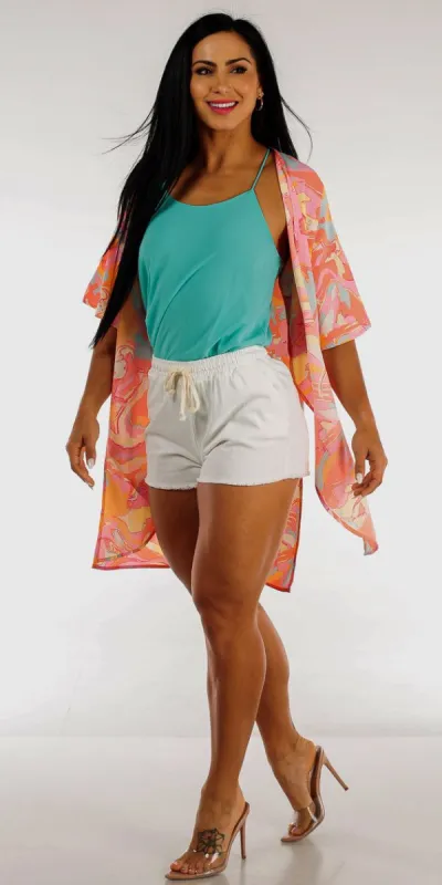 High Rise White Drawstring Shorts Aqua Chiffon Cami Top and Bell Sleeve Multicolor Kimono sold by Moda