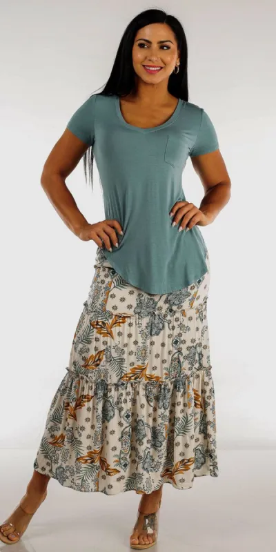 Smocked Waist Floral Maxi Skirt with Short Sleeve Sage Tunic Top sold by Moda