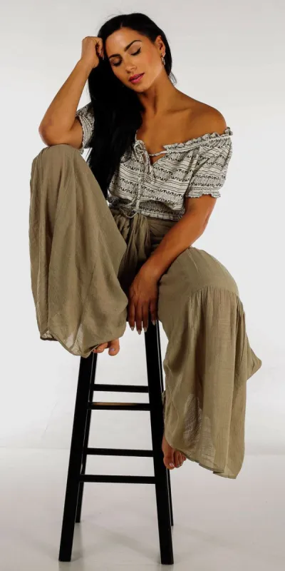 High Waist Olive Flared Pants with Off Shoulder Printed Crop Top sold by Moda