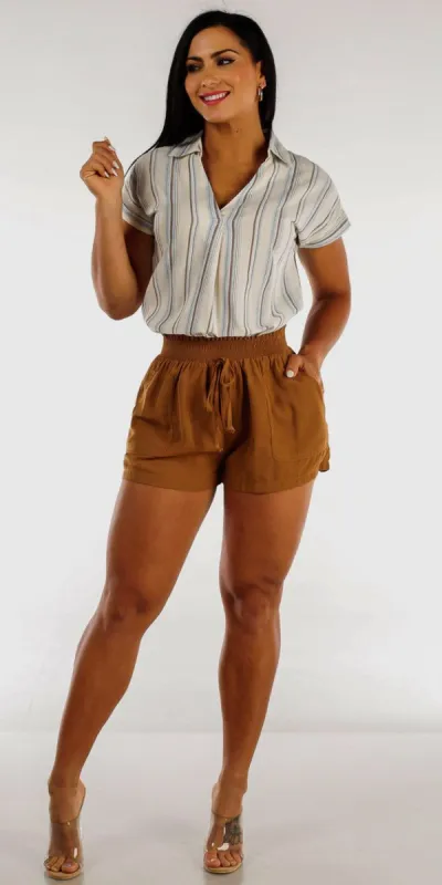 Camel High Rise Smocked Waist Shorts with Stripe Collared Top sold by Moda