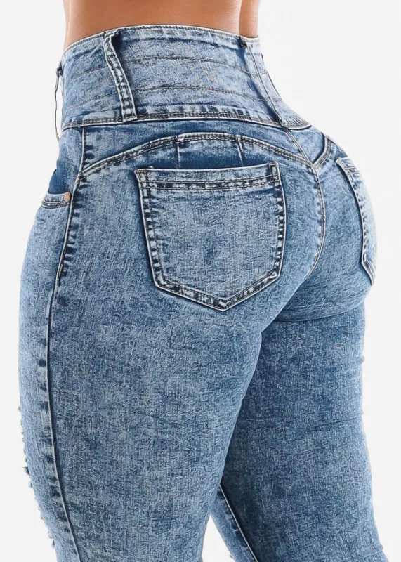 High Waisted Acid Wash Ripped Butt Lift Jeans sold by Moda