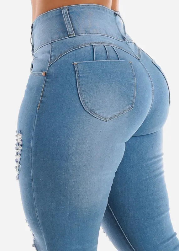 Butt Lift Distressed Skinny Jeans Light Wash sold by Moda