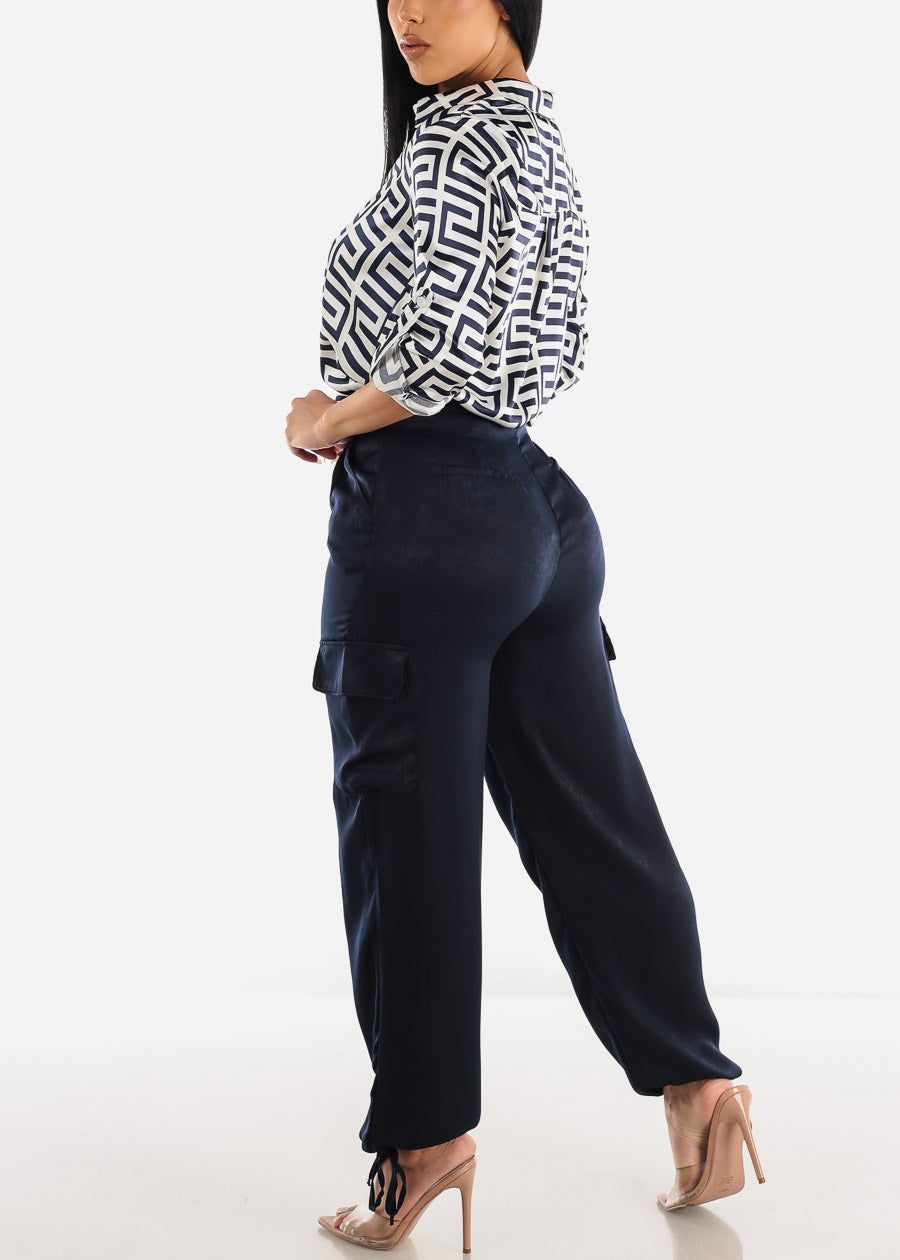 Silky Navy High Waist Drawstring Hem Cargo Pants sold by Moda product image thumbnail 5